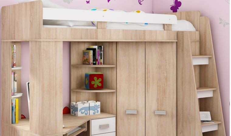 Lit combiné en hauteur enfant avec bureau et armoire en bois