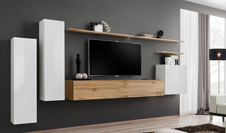 Meuble TV avec étagère murale naturel et blanc