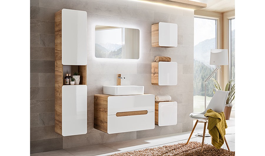 Meuble de rangement de salle de bain contemporain chêne/blanc Elegance