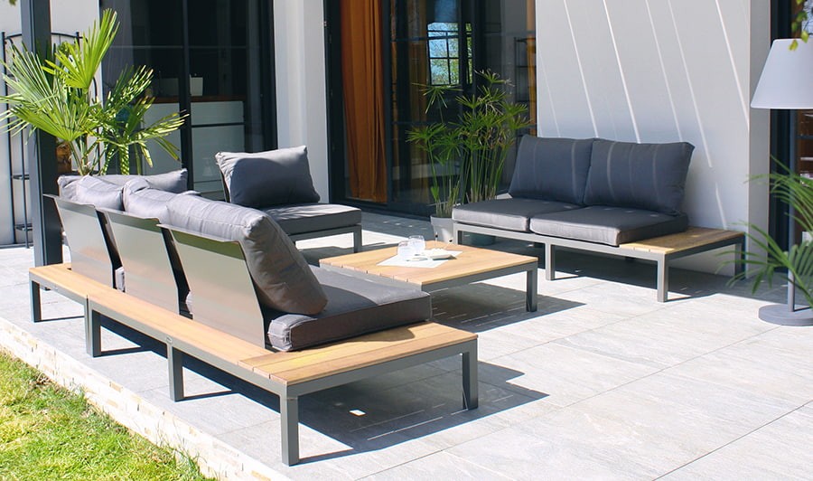 Salon de jardin TIMBER GRAPHITE 7 places gris aluminium avec table basse  réglable en hauteur