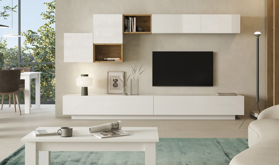 Meuble TV design mural bois et blanc laqué 300 cm pour salon